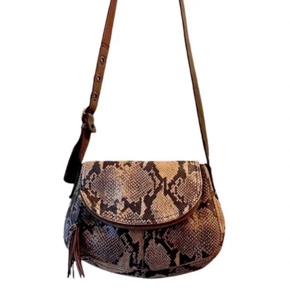 Lucky Brand Crossbody Bag Snake Embossed Leather Purse Brown Tan